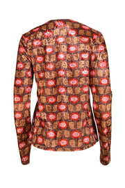 Anna Sui - Brown, Tan, Pink, & Red Print Floral Print Crushed Velvet Long Sleeve Top Sz L - Current Boutique