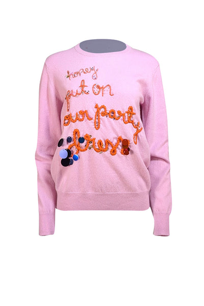 Lingua Franca - Lilac Cashmere Sweater w/ Embroidered Script Sz L - Current Boutique