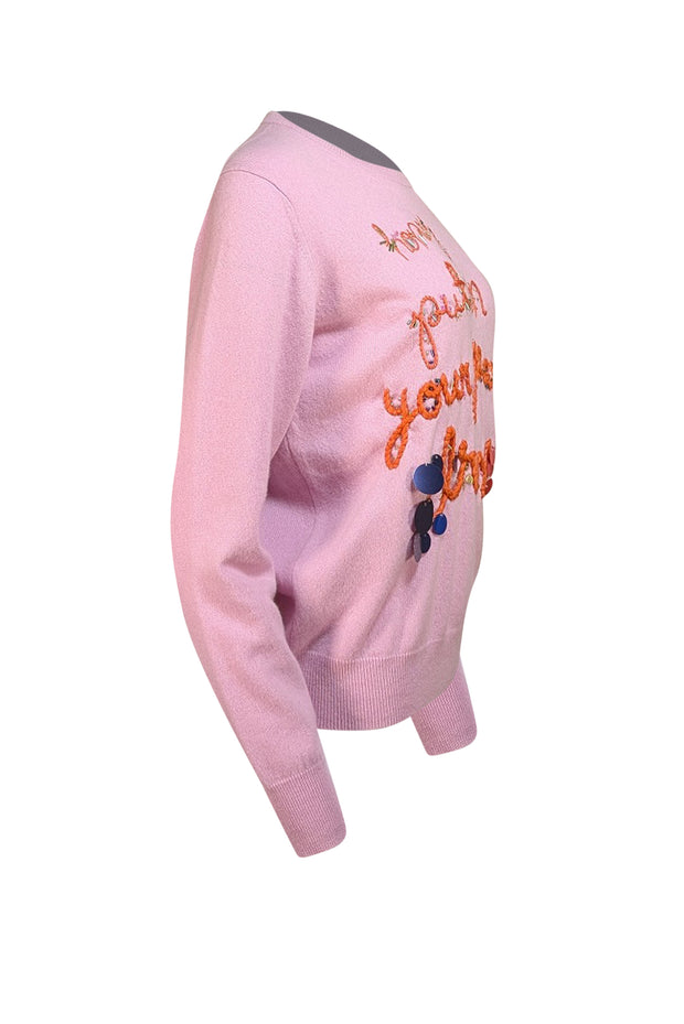 Lingua Franca - Lilac Cashmere Sweater w/ Embroidered Script Sz L - Current Boutique