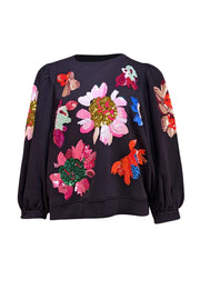 Essentiel Antwerp - Black Cotton Floral Sequin Embroidered Sweatshirt Sz 8 - Current Boutique