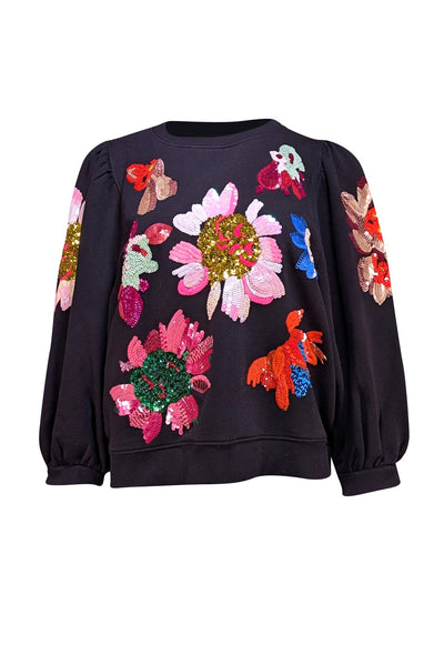 Essentiel Antwerp - Black Cotton Floral Sequin Embroidered Sweatshirt Sz 8 - Current Boutique