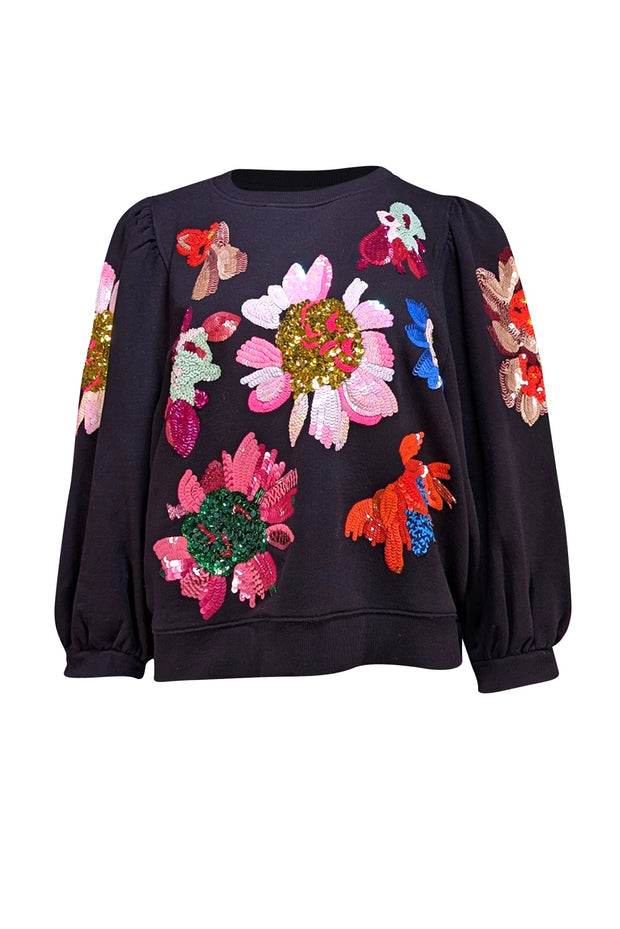 Essentiel Antwerp - Black Cotton Floral Sequin Embroidered Sweatshirt Sz 8 - Current Boutique