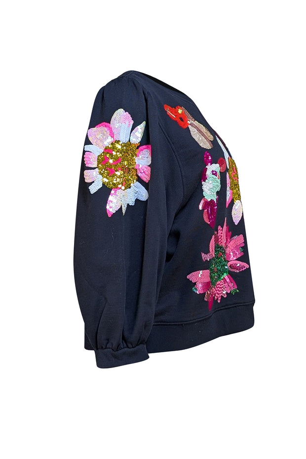 Essentiel Antwerp - Black Cotton Floral Sequin Embroidered Sweatshirt Sz 8 - Current Boutique