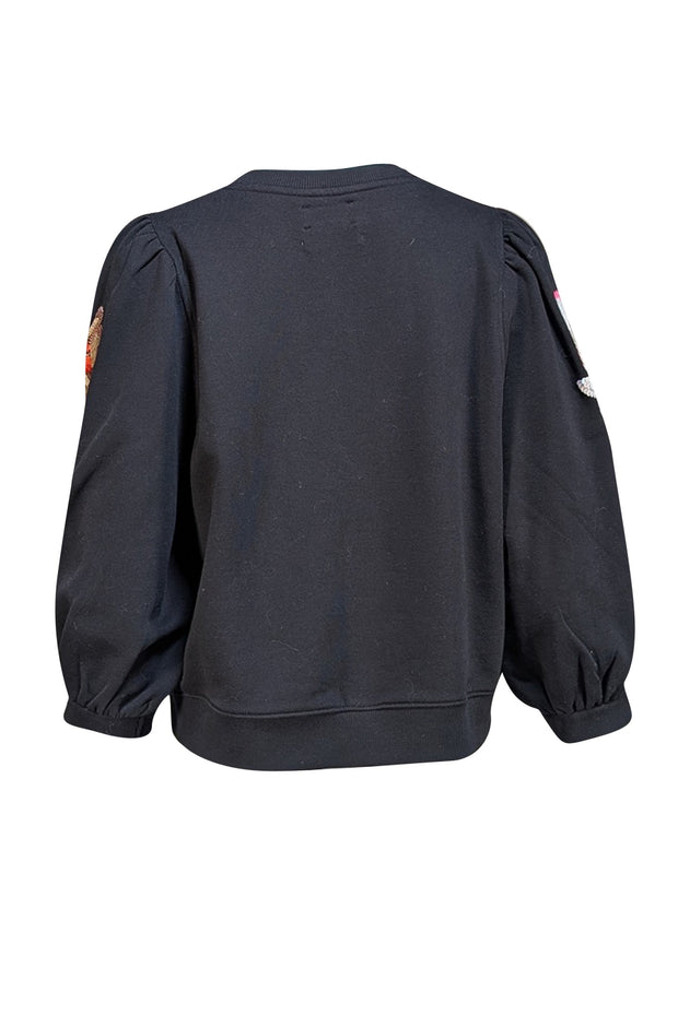 Essentiel Antwerp - Black Cotton Floral Sequin Embroidered Sweatshirt Sz 8 - Current Boutique