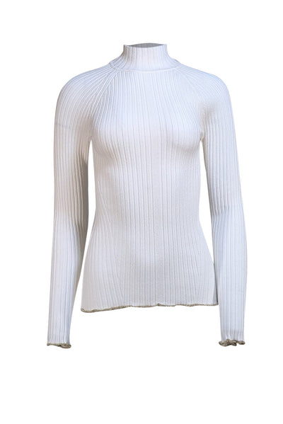 Ramy Brook - White Ribbed Knit Sweater w/ Gold Trim Sz M - Current Boutique