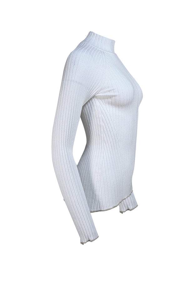 Ramy Brook - White Ribbed Knit Sweater w/ Gold Trim Sz M - Current Boutique