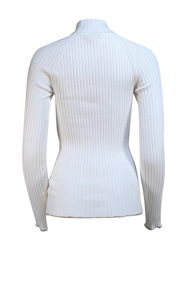 Ramy Brook - White Ribbed Knit Sweater w/ Gold Trim Sz M - Current Boutique