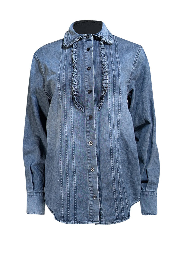 Saint Laurent - Denim Ruffle Front Button Down Shirt Sz 8