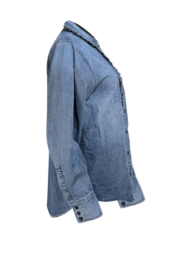 Saint Laurent - Denim Ruffle Front Button Down Shirt Sz 8