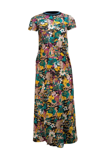 La DoubleJ - Black, Green, &amp; Multicolor Floral Print Short Sleeve Maxi Dress Sz XS