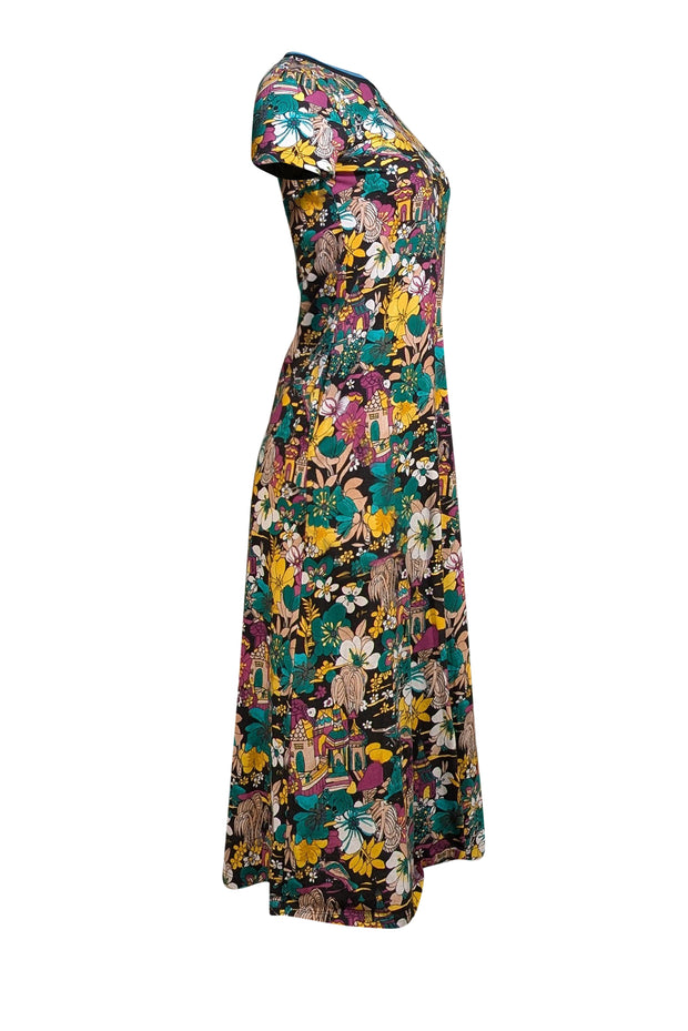 La DoubleJ - Black, Green, &amp; Multicolor Floral Print Short Sleeve Maxi Dress Sz XS