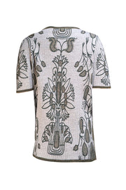 Tory Burch - Beige, Green, & Gold Floral Short Sleeve Sweater Sz L - Current Boutique