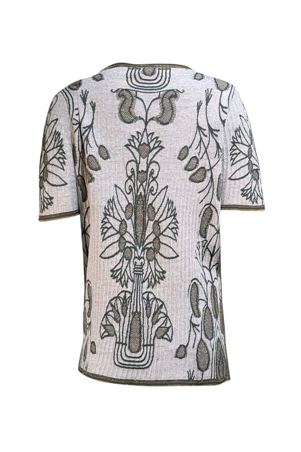 Tory Burch - Beige, Green, & Gold Floral Short Sleeve Sweater Sz L - Current Boutique