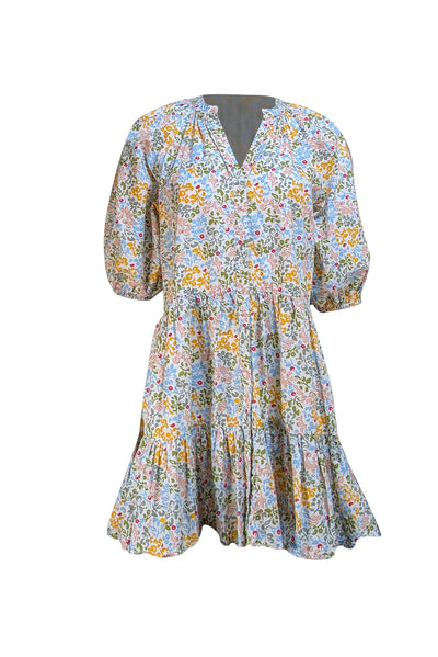 Apiece Apart - White, Blue, Green, & Yellow Floral Puff Sleeve Dress Sz XS