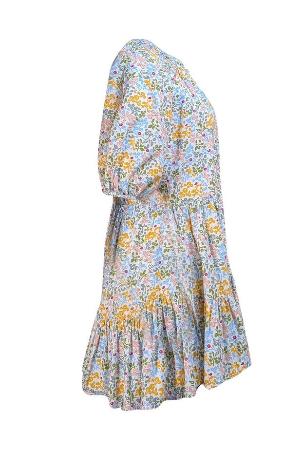 Apiece Apart - White, Blue, Green, & Yellow Floral Puff Sleeve Dress Sz XS