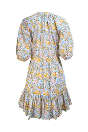 Apiece Apart - White, Blue, Green, & Yellow Floral Puff Sleeve Dress Sz XS