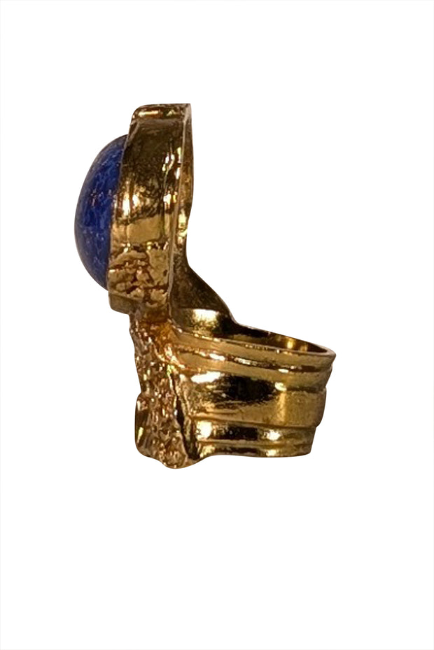 Yves Saint Laurent - Gold & Blue Glass Cabochon Arty Ovale Ring Sz 6 - Current Boutique