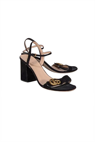 Gucci - Black Suede Logo Strap Block Heel Sandals Sz 9 - Current Boutique