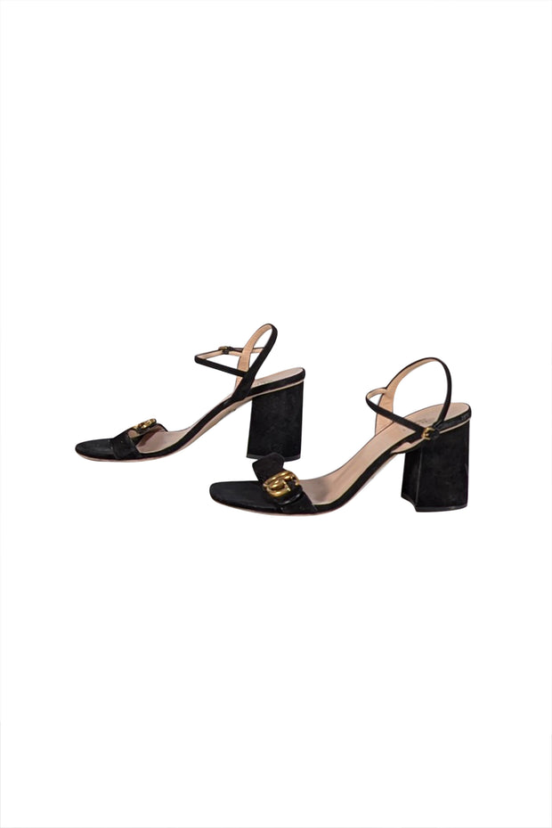 Gucci - Black Suede Logo Strap Block Heel Sandals Sz 9 - Current Boutique