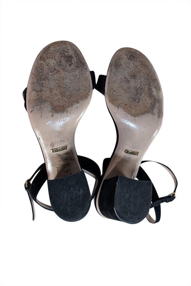 Gucci - Black Suede Logo Strap Block Heel Sandals Sz 9 - Current Boutique