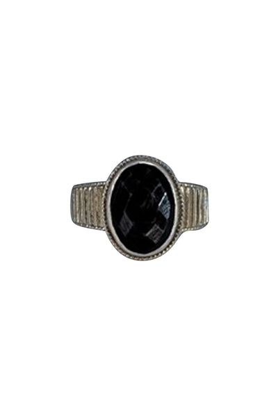 Anna Beck - Silver Ribbed Ring w/ Large Black Stone Sz 7.5 - Current Boutique