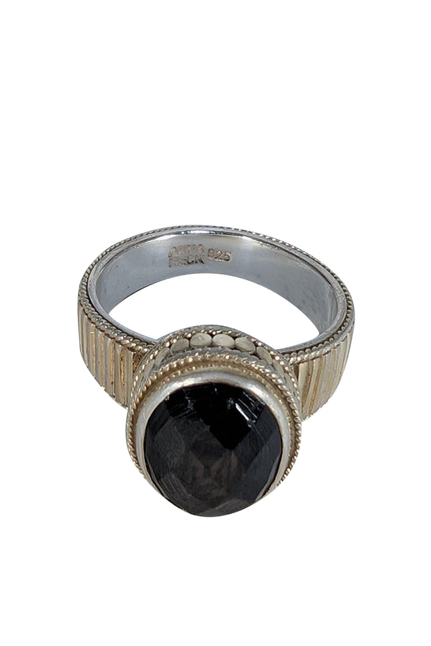Anna Beck - Silver Ribbed Ring w/ Large Black Stone Sz 7.5 - Current Boutique