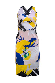 Karen Millen - White, Yellow, Black, & Blue Print Cross Back Dress Sz 2