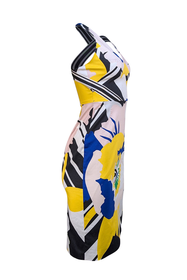 Karen Millen - White, Yellow, Black, & Blue Print Cross Back Dress Sz 2