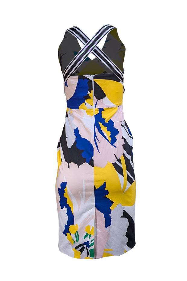 Karen Millen - White, Yellow, Black, & Blue Print Cross Back Dress Sz 2