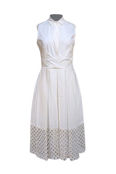 Lela Rose - Ivory Poplin Sleeveless Button Front Dress w/ Crotchet Trim Sz 6 - Current Boutique