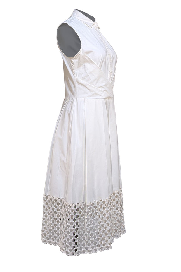 Lela Rose - Ivory Poplin Sleeveless Button Front Dress w/ Crotchet Trim Sz 6 - Current Boutique