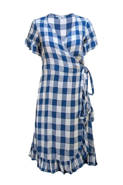 Amour Vert - Blue & White Gingham Print Ruffled Wrap Dress Sz XS - Current Boutique
