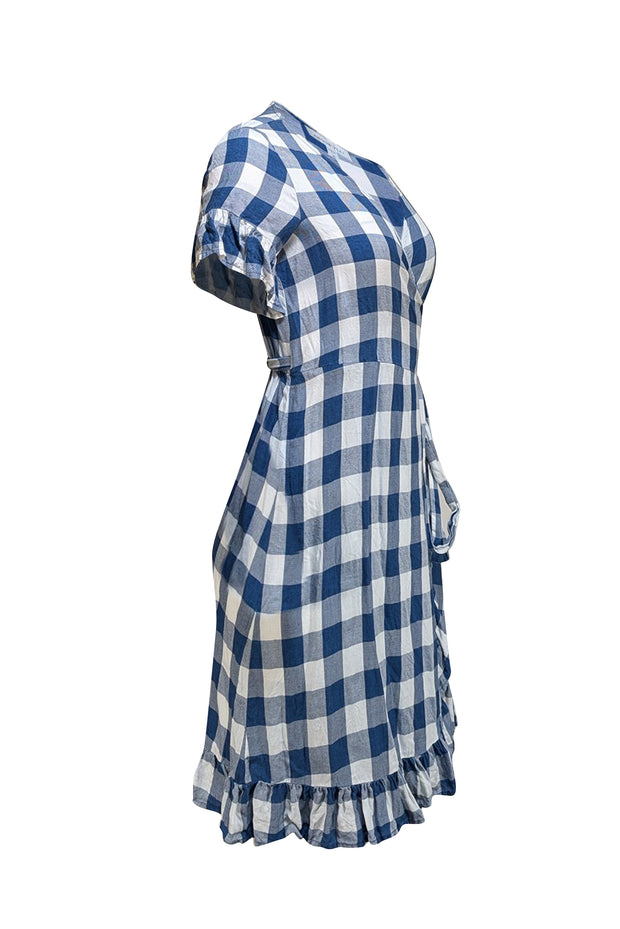 Amour Vert - Blue & White Gingham Print Ruffled Wrap Dress Sz XS - Current Boutique