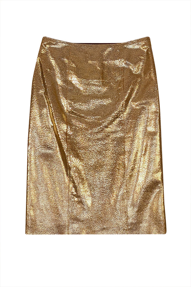 Bottega Veneta - Gold Metallic Crackle Leather Pencil Skirt Sz 2 - Current Boutique