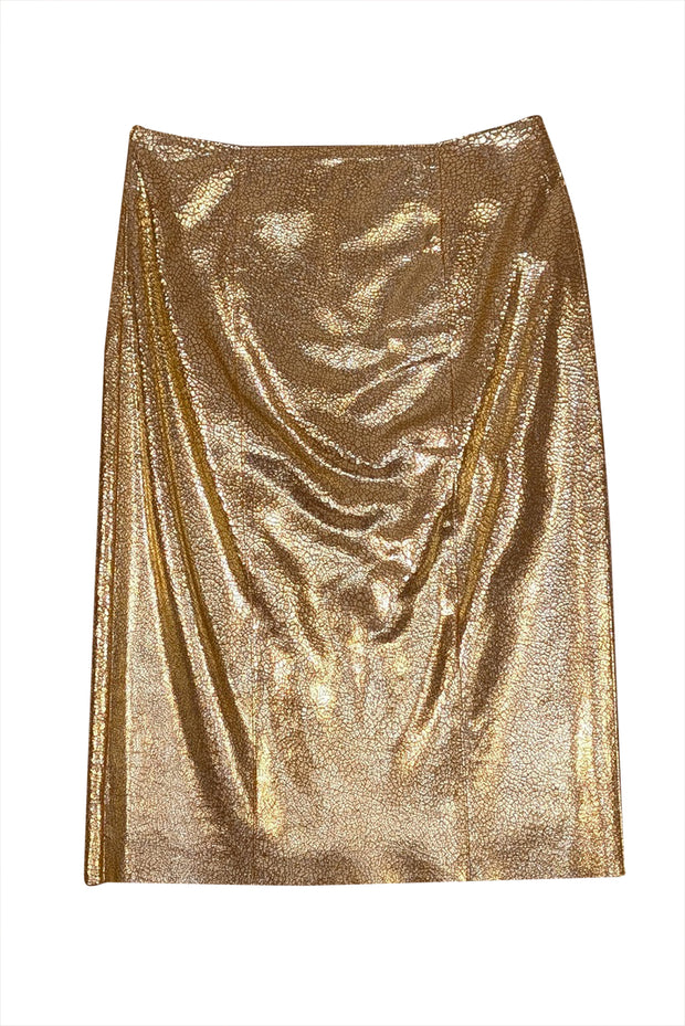 Bottega Veneta - Gold Metallic Crackle Leather Pencil Skirt Sz 2 - Current Boutique
