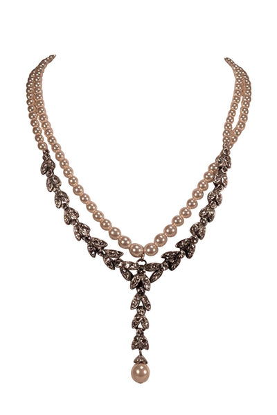 Ben Amun - Double Layer Pearl Necklace w/ Silver Jeweled Detail - Current Boutique