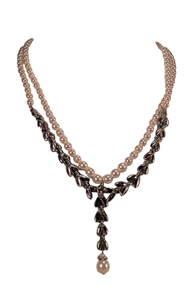 Ben Amun - Double Layer Pearl Necklace w/ Silver Jeweled Detail - Current Boutique