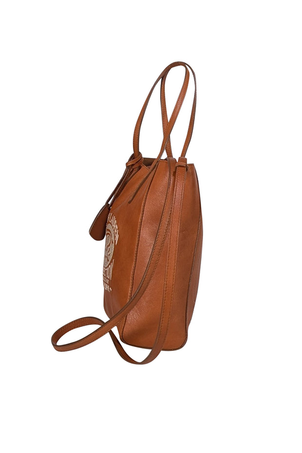 Ralph Lauren - Tan Leather Crossbody Bag w/ Cream Embroidery - Current Boutique