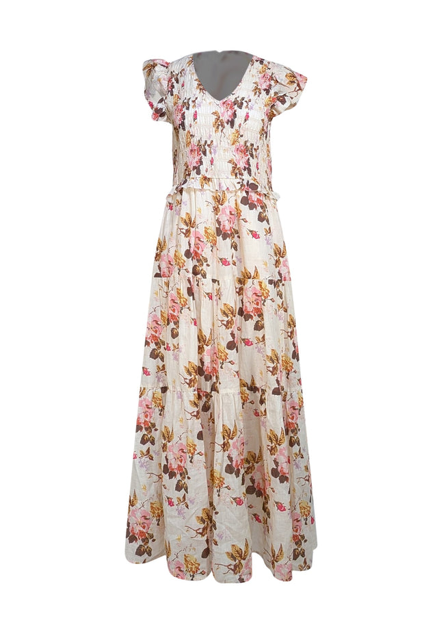 Sea NY - Cream, Pink, & Brown Floral Smocked Bodice Maxi Dress Sz 8 - Current Boutique