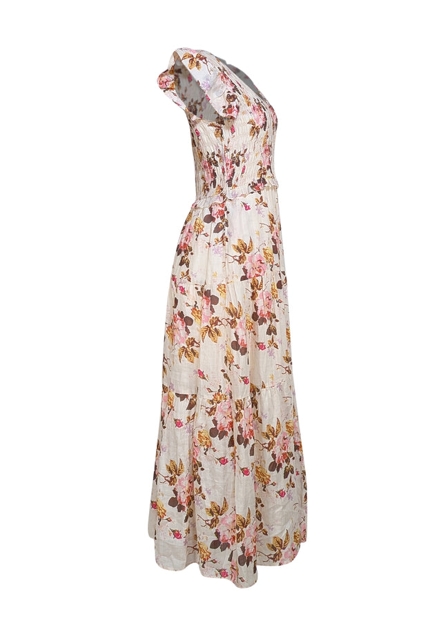 Sea NY - Cream, Pink, & Brown Floral Smocked Bodice Maxi Dress Sz 8 - Current Boutique