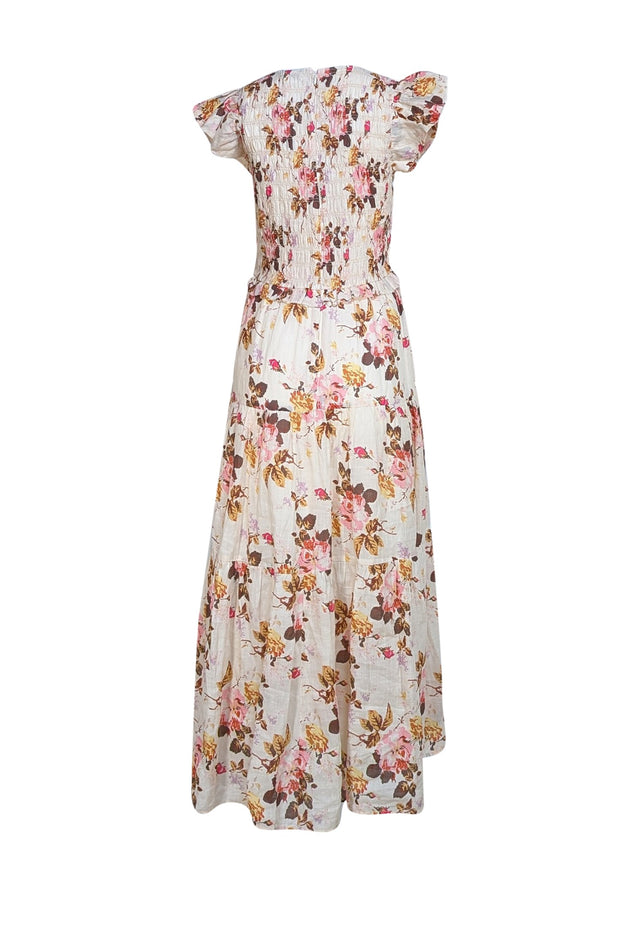 Sea NY - Cream, Pink, & Brown Floral Smocked Bodice Maxi Dress Sz 8 - Current Boutique