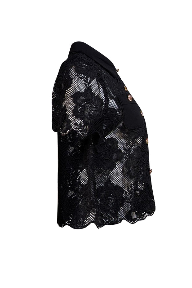 Self-Portrait - Black Eyelet Lace Short Sleeve Shirt Sz 6 - Current Boutique