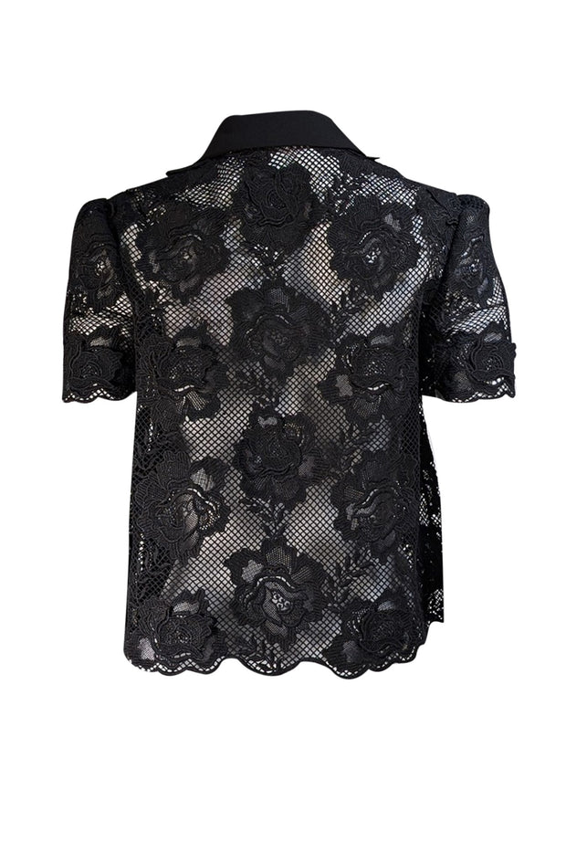 Self-Portrait - Black Eyelet Lace Short Sleeve Shirt Sz 6 - Current Boutique