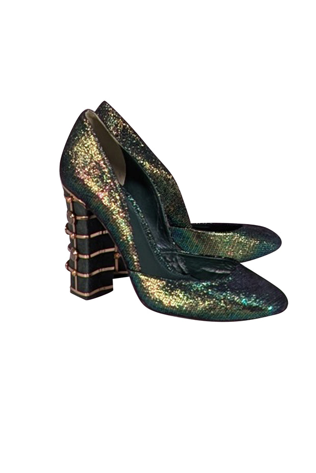 Tory Burch - Green Iridescent Heels w/ Gold Heel Detail Sz 9 - Current Boutique