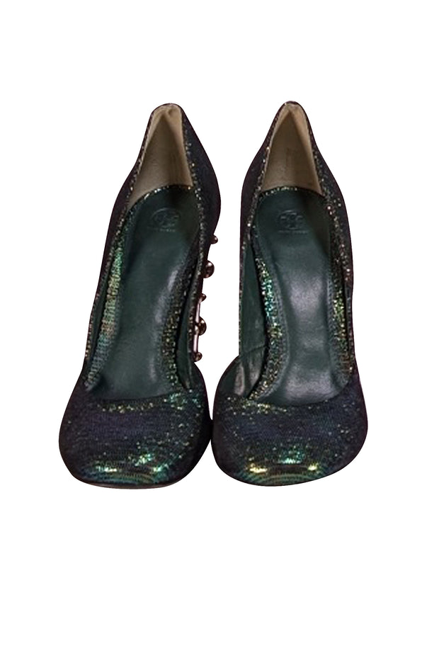 Tory Burch - Green Iridescent Heels w/ Gold Heel Detail Sz 9 - Current Boutique