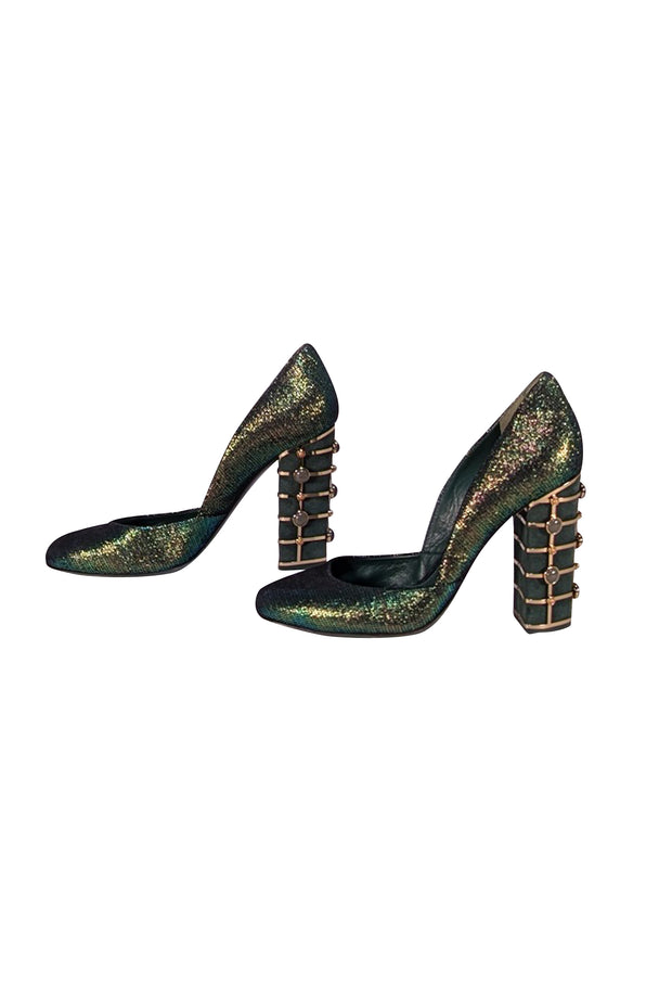 Tory Burch - Green Iridescent Heels w/ Gold Heel Detail Sz 9 - Current Boutique