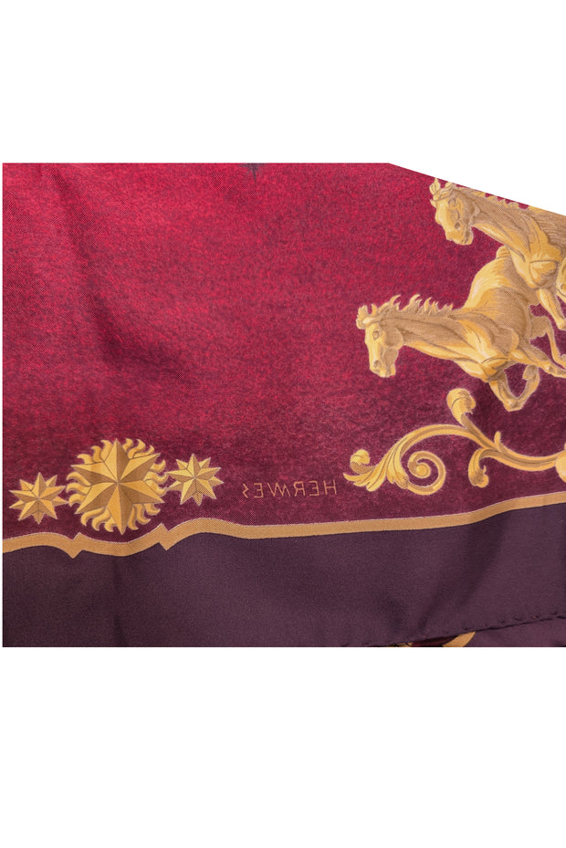 Hermes - Purple, Red, & Gold Horse Print Silk Scarf - Current Boutique