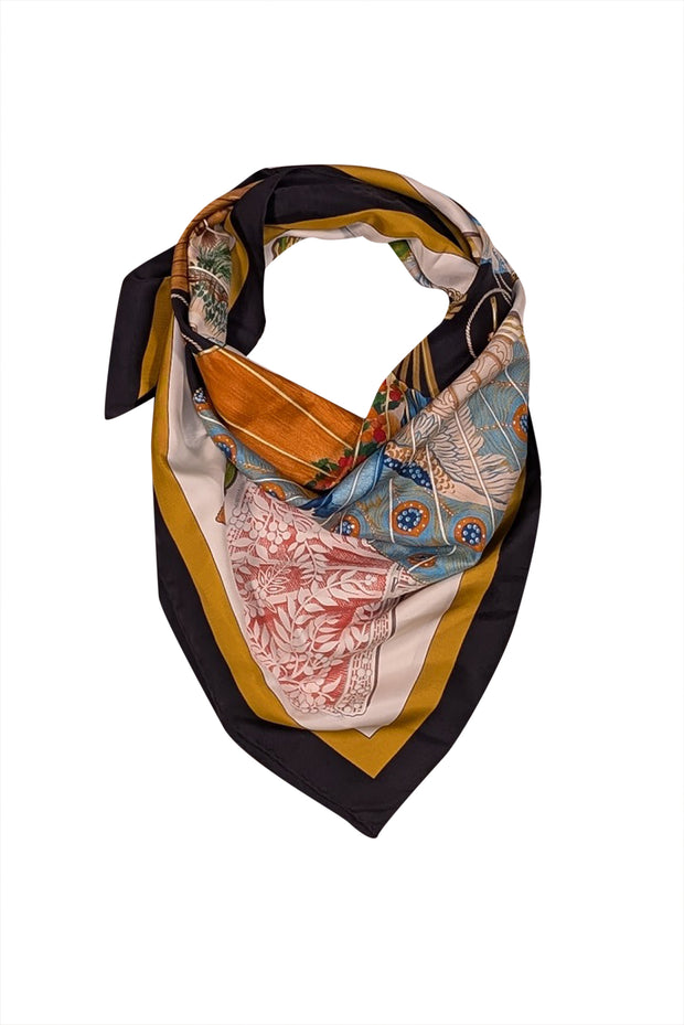 Hermes - Ivory, Black, Blue & Gold Printed Silk Scarf - Current Boutique