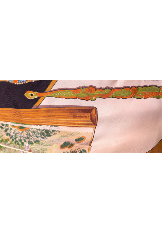 Hermes - Ivory, Black, Blue & Gold Printed Silk Scarf - Current Boutique