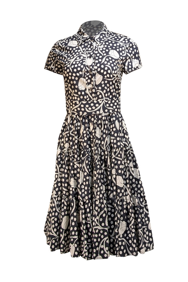 Diane von Furstenberg - Navy & Ivory Floral w/ Polka Dot Short Sleeve Dress Sz S - Current Boutique